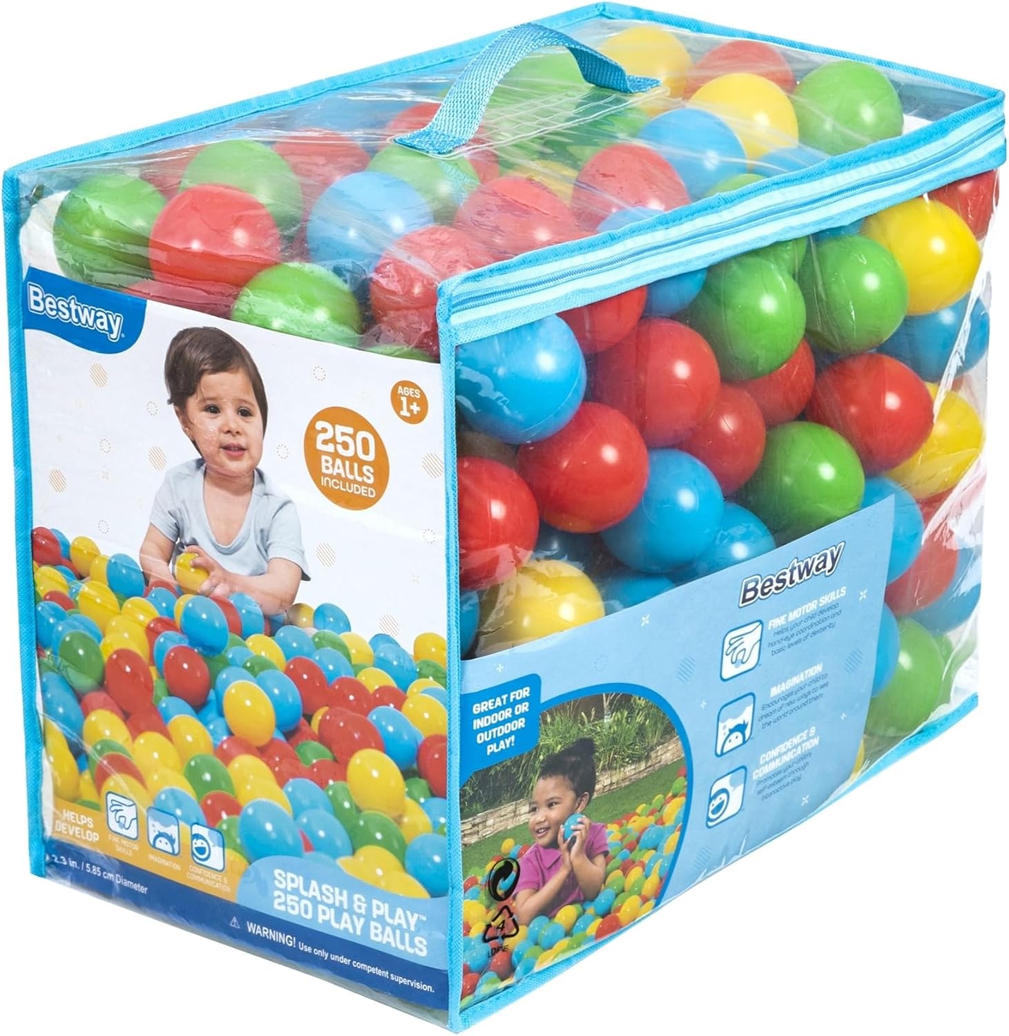 Bestway Splash & Play 250 Ball Pit Balls. Multi-Color. 2.3 Balls. Ages 1+ | Heavy-Duty Plastic Play Balls. Use With or Without Water. Puncture-Resistant Material. Motor Skill Development. Airtight Seam