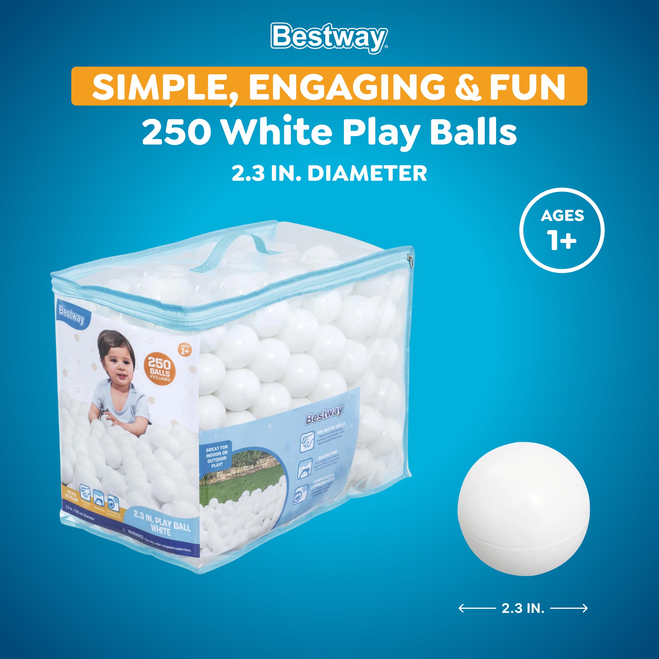 Bestway Jumbo 2.3 White Ball Pit Balls for Toddlers (250 Pack). BPA Free Crush Proof Plastic. Reusable Zipper Storage Bag - Image 2