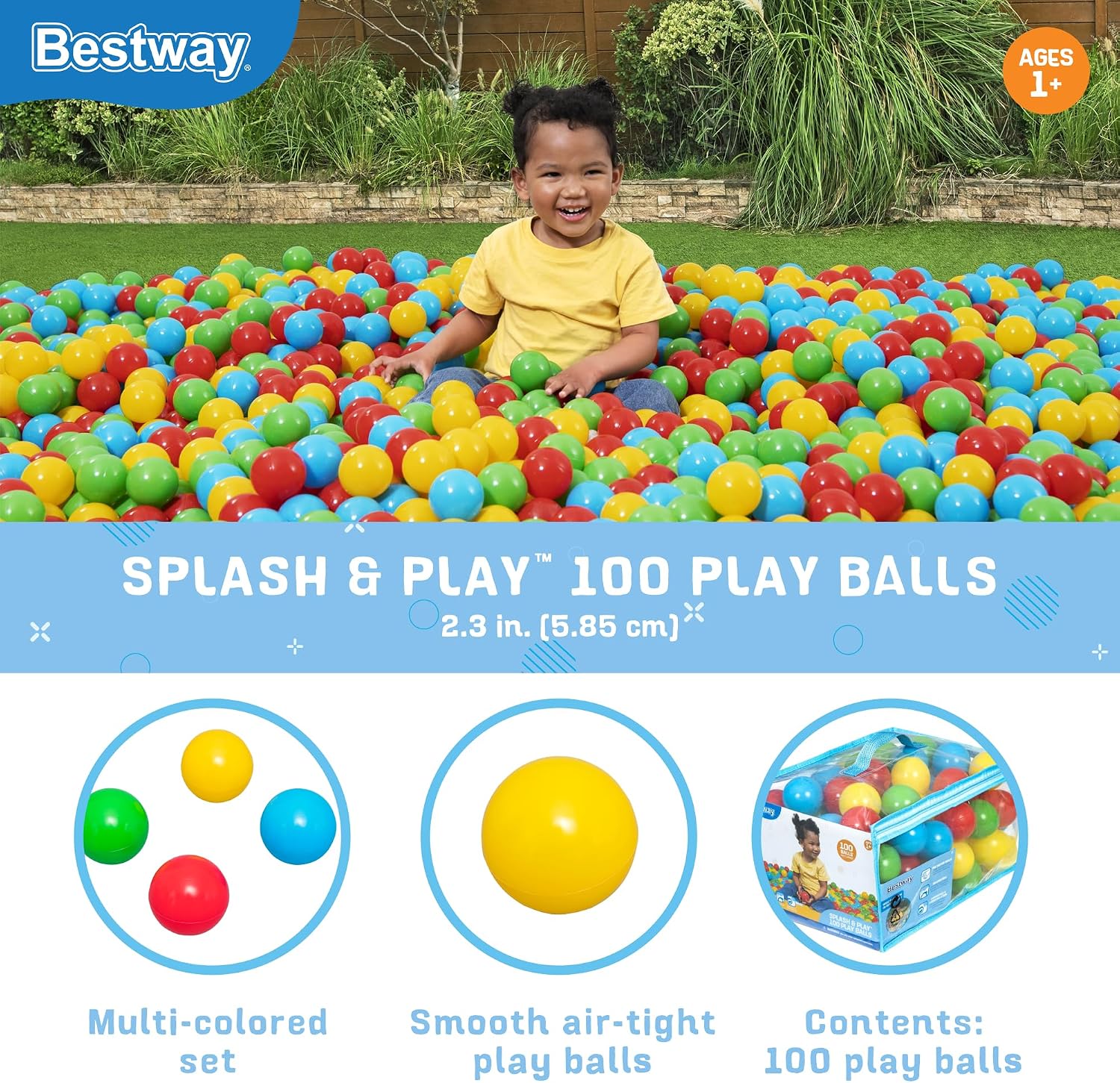 Bestway Splash & Play 100 Ball Pit Balls. Multi-Color. 2.3 Balls. Ages 1+ | Heavy-Duty Plastic Play Balls. Use With or Without Water. Puncture-Resistant Material. Motor Skill Development. Airtight Seam - Image 2