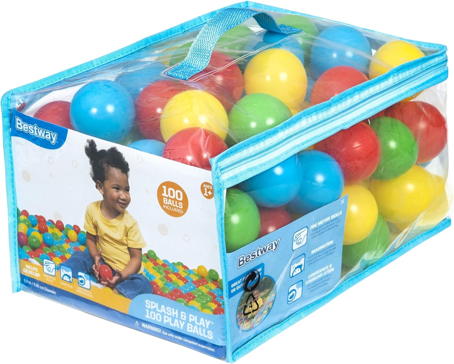Bestway Splash & Play 100 Ball Pit Balls. Multi-Color. 2.3 Balls. Ages 1+ | Heavy-Duty Plastic Play Balls. Use With or Without Water. Puncture-Resistant Material. Motor Skill Development. Airtight Seam