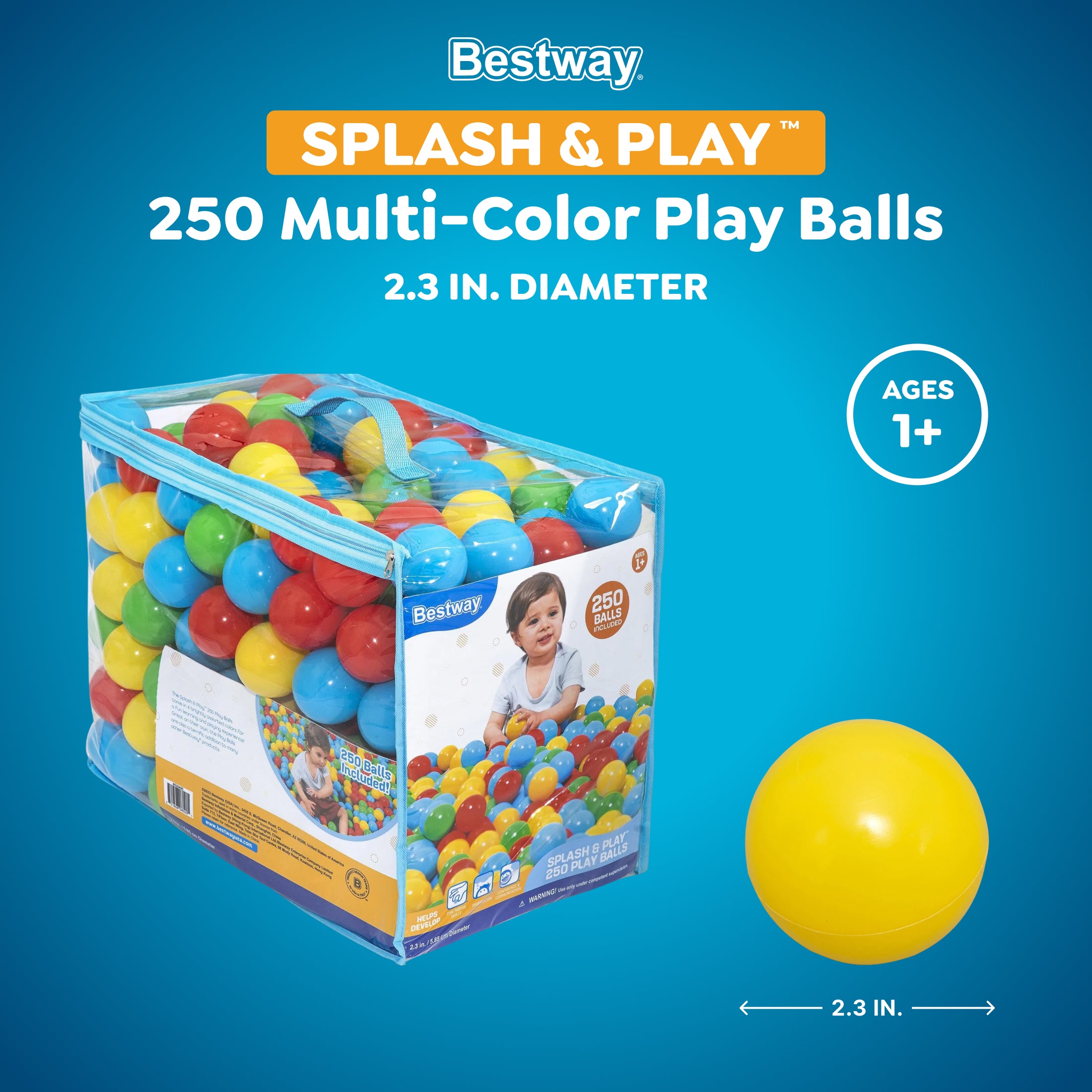 Bestway Splash & Play 250 Ball Pit Balls. Multi-Color. 2.3 Balls. Ages 1+ | Heavy-Duty Plastic Play Balls. Use With or Without Water. Puncture-Resistant Material. Motor Skill Development. Airtight Seam - Image 2